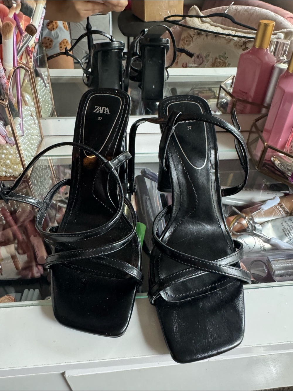 ZARA Black Strappy Square-Toe Heeled Sandals